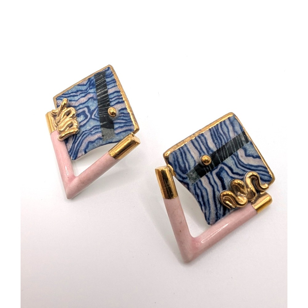 Vintage Porcelain Earrings 1980s Style Blue Pink Gold Geometric Wearable Art